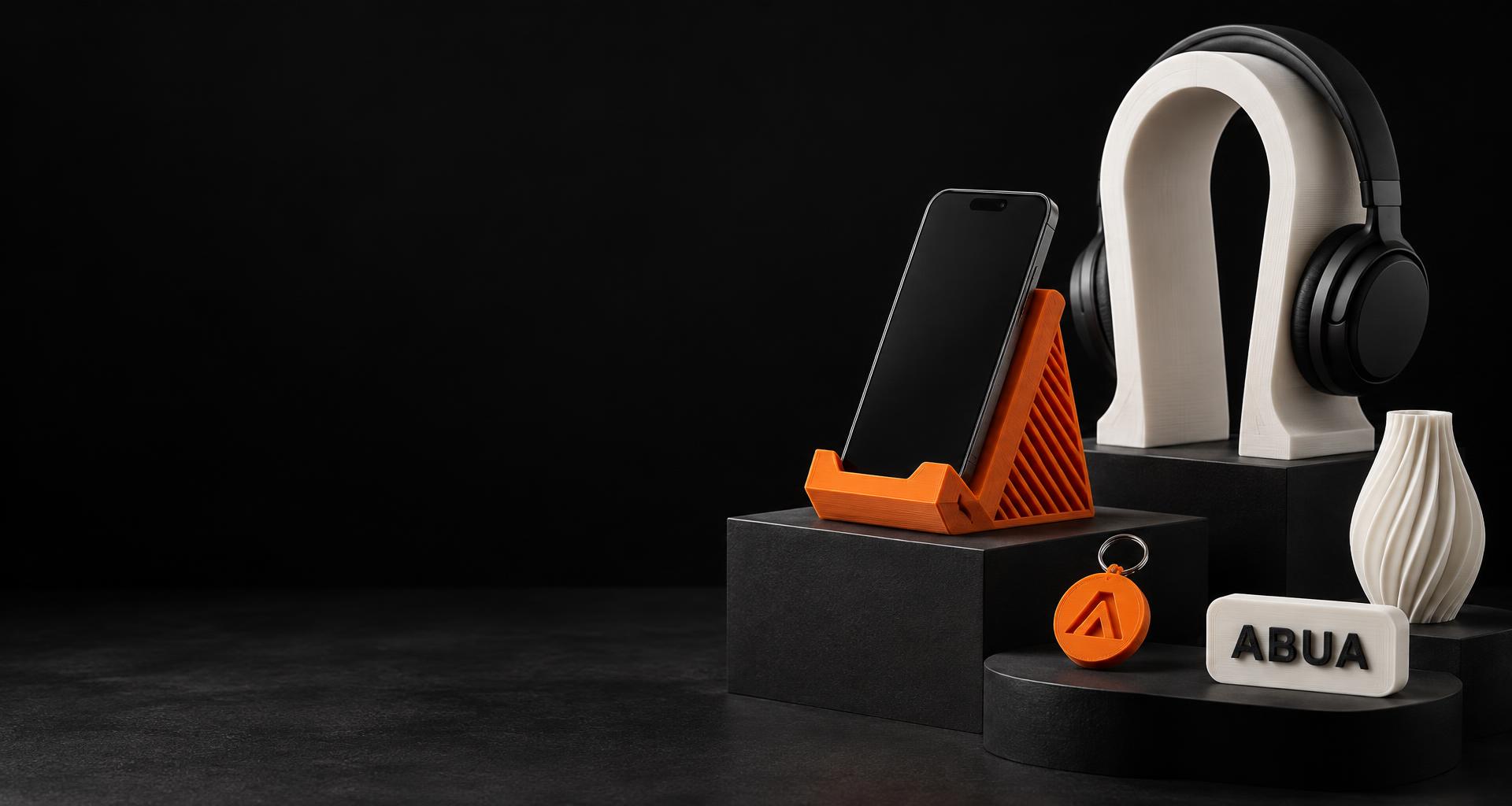 ABUA 3D printed phone stand, sculptural headphone stand, personalized name plate and keychain