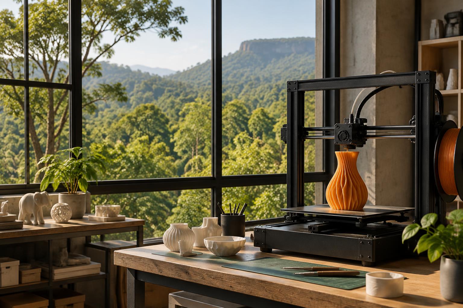 A 3D printing workspace imagined among Jharkhand's green hills
